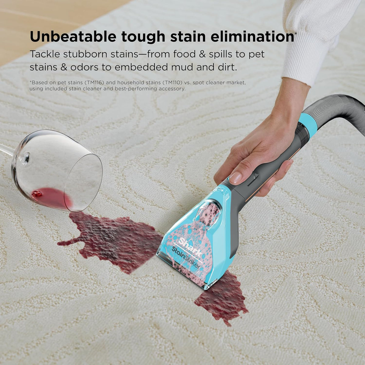 shark stainstriker hairpro portable stain cleaner,3 tools, self-clean shown in use