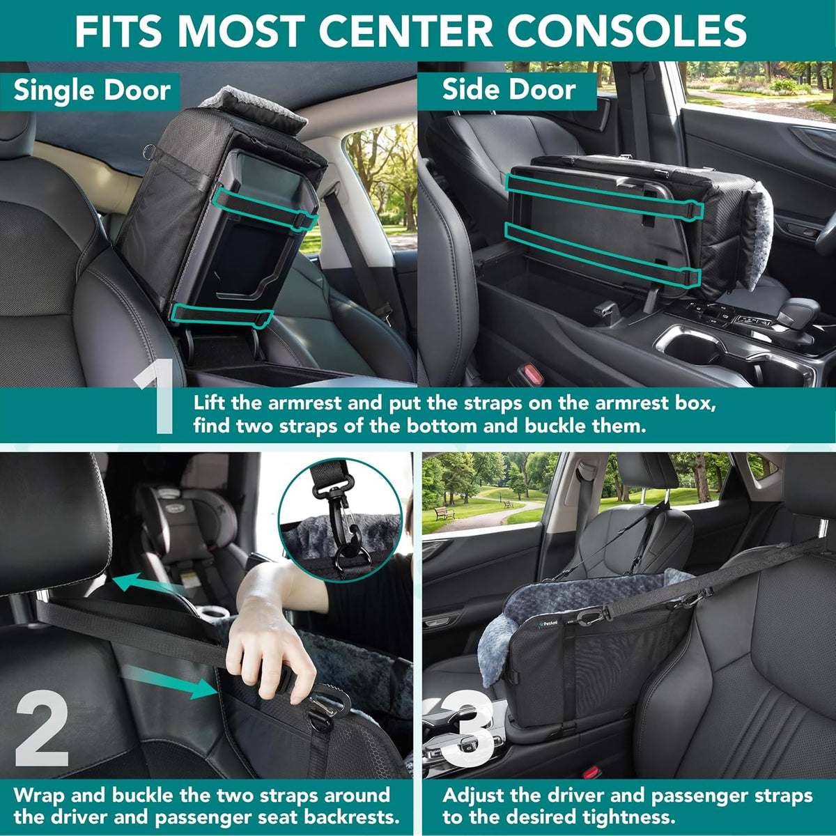 petami center console dog car seat, small dog showing dimensions