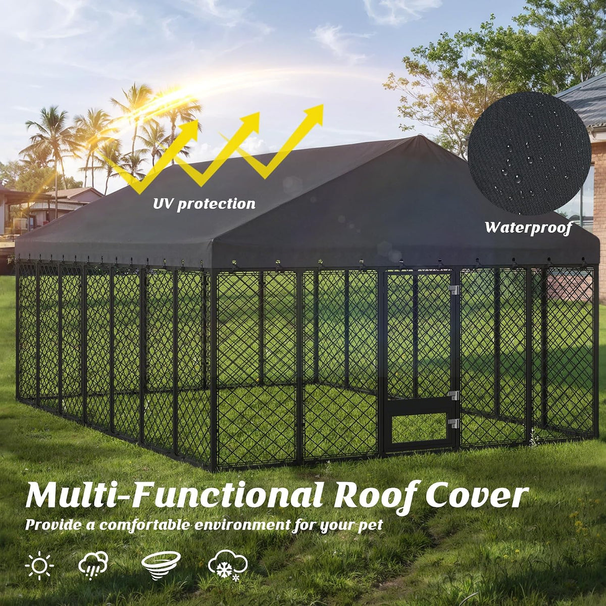 10x14ft outdoor dog kennel with roof and feeding, package contents