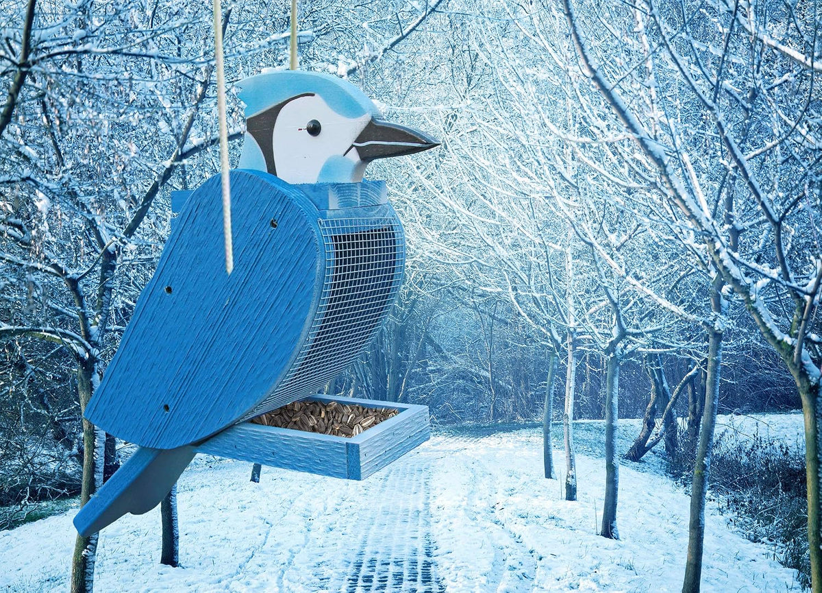 amish handcrafted bird feeder (blue jay) shown in use