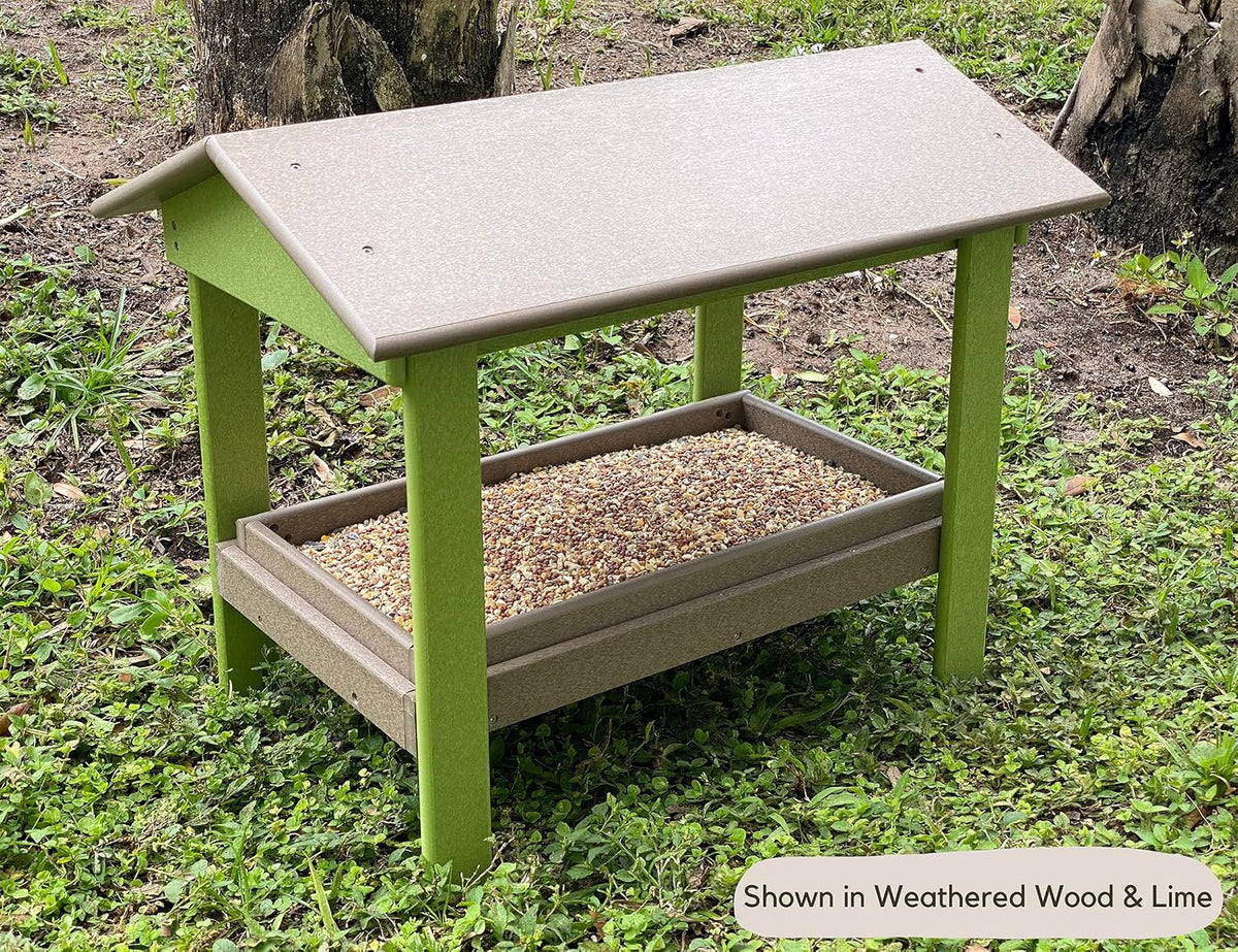 dutchcrafters plastic poly covered platform ground bird feeder shown in use