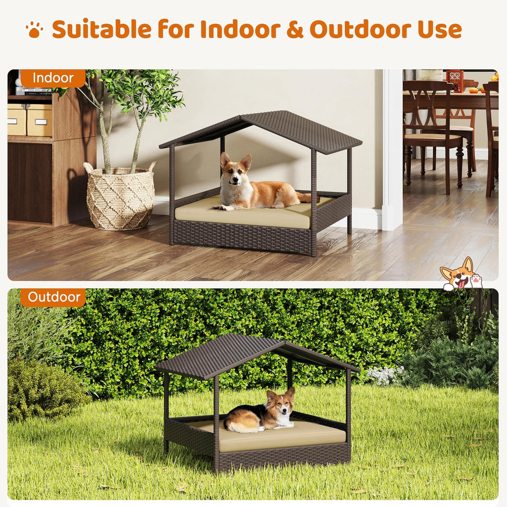 yaheetech wicker dog house outdoor indoor with canopy on a desk or shelf