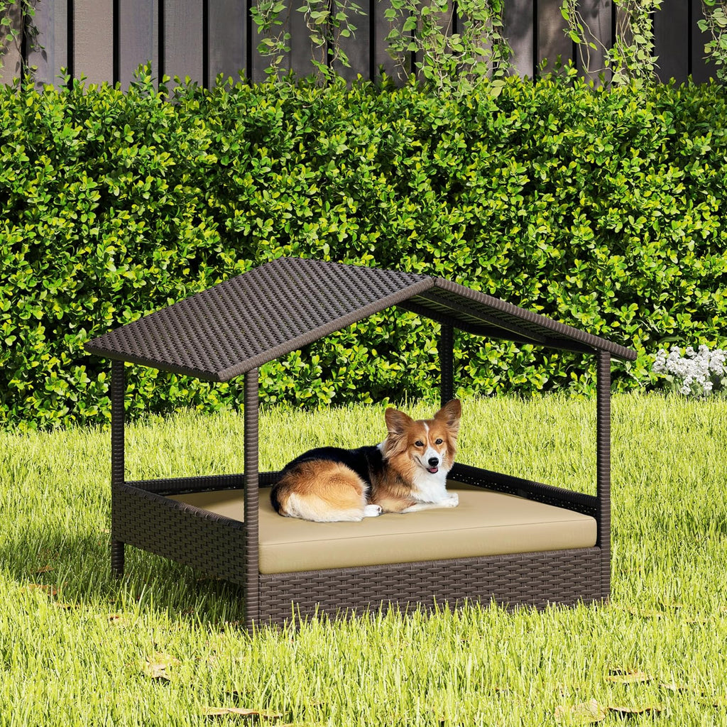 yaheetech wicker dog house outdoor indoor with canopy, close-up detail